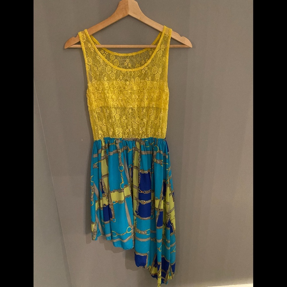 Asymmetrical yellow & blue lace dress